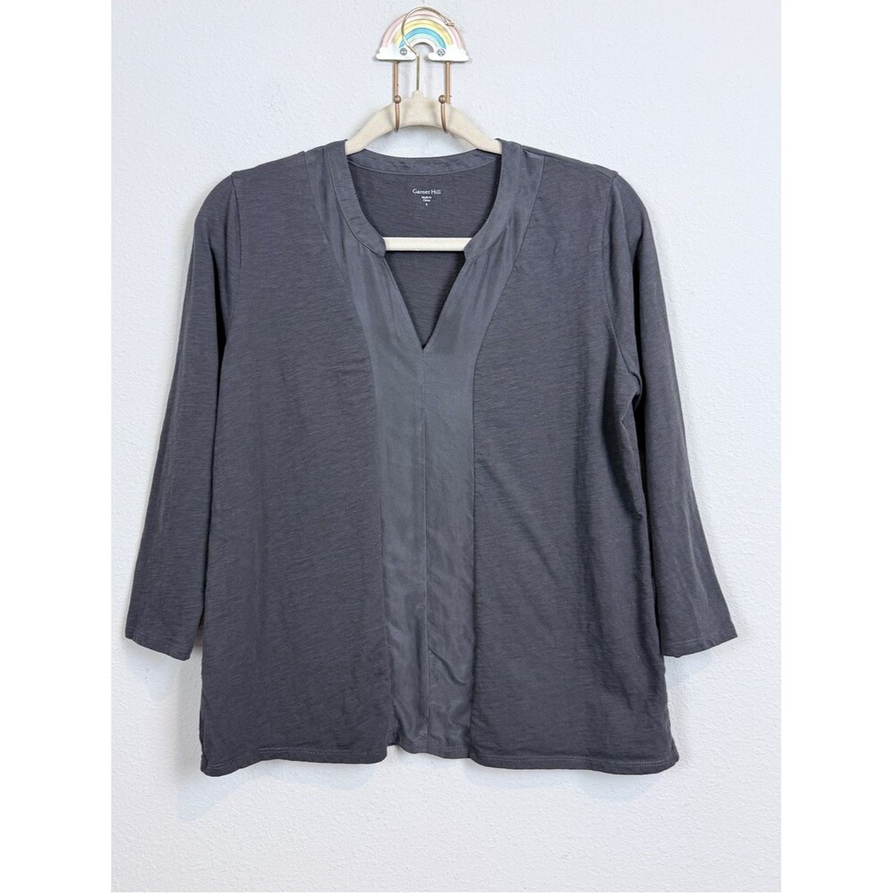 Garnet Hill Charcoal Gray Organic Cotton & Silk 3/4 Sleeve V-Neck Tee S